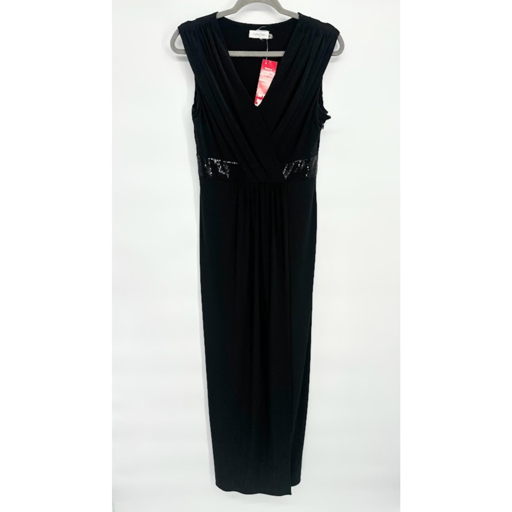 Calvin Klein Size 6 Black Formal Surplice Maxi Dress Sequin Waist Faux Wrap